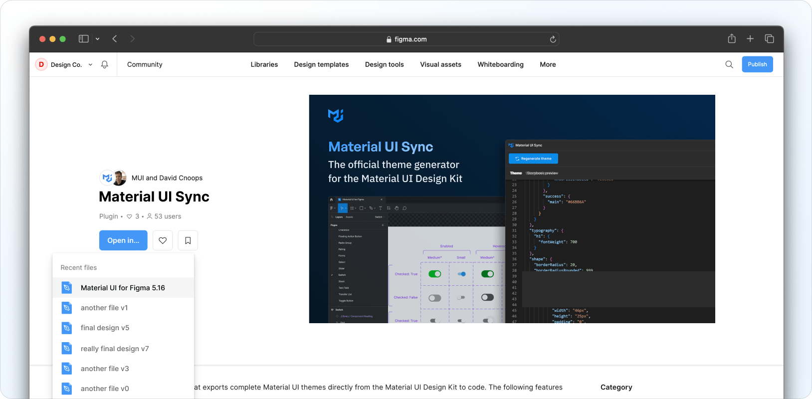 Accessing MaterialĀ UI Sync via the Resources menu in Figma.