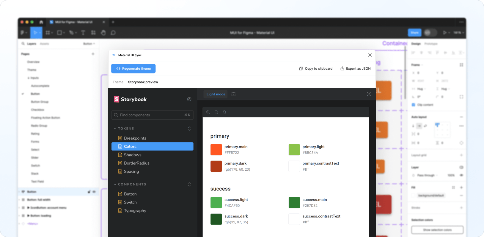 The generated theme previewed in Storybook in the MaterialĀ UI Sync plugin UI.