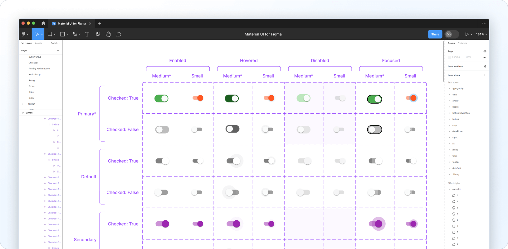 A fully customized Switch component in the MaterialĀ UI Design Kit.